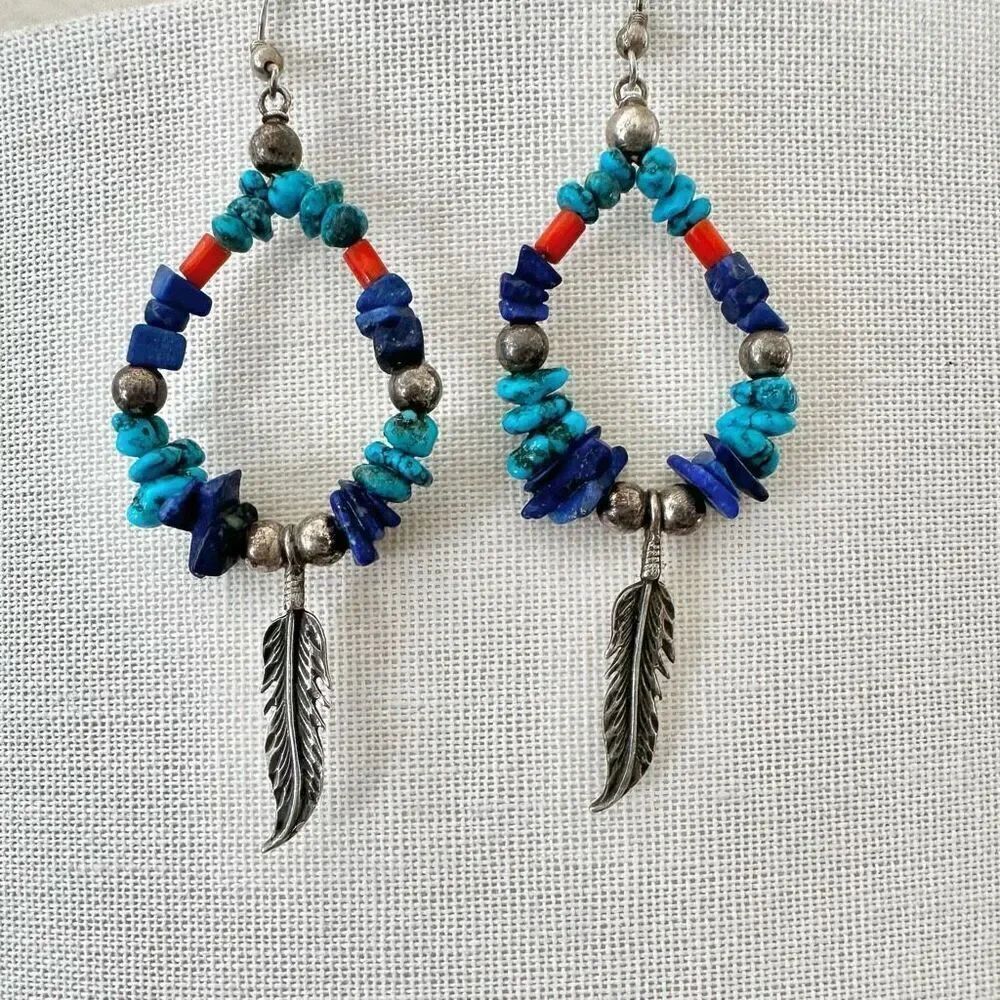 Sterling silver turquoise coral lapis feather earrings